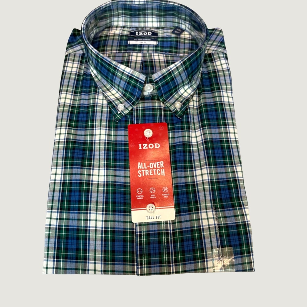 Izod Mens All-Over Stretch Plaid Button Down Shirt Evergreen Tall Fit 19 37/38